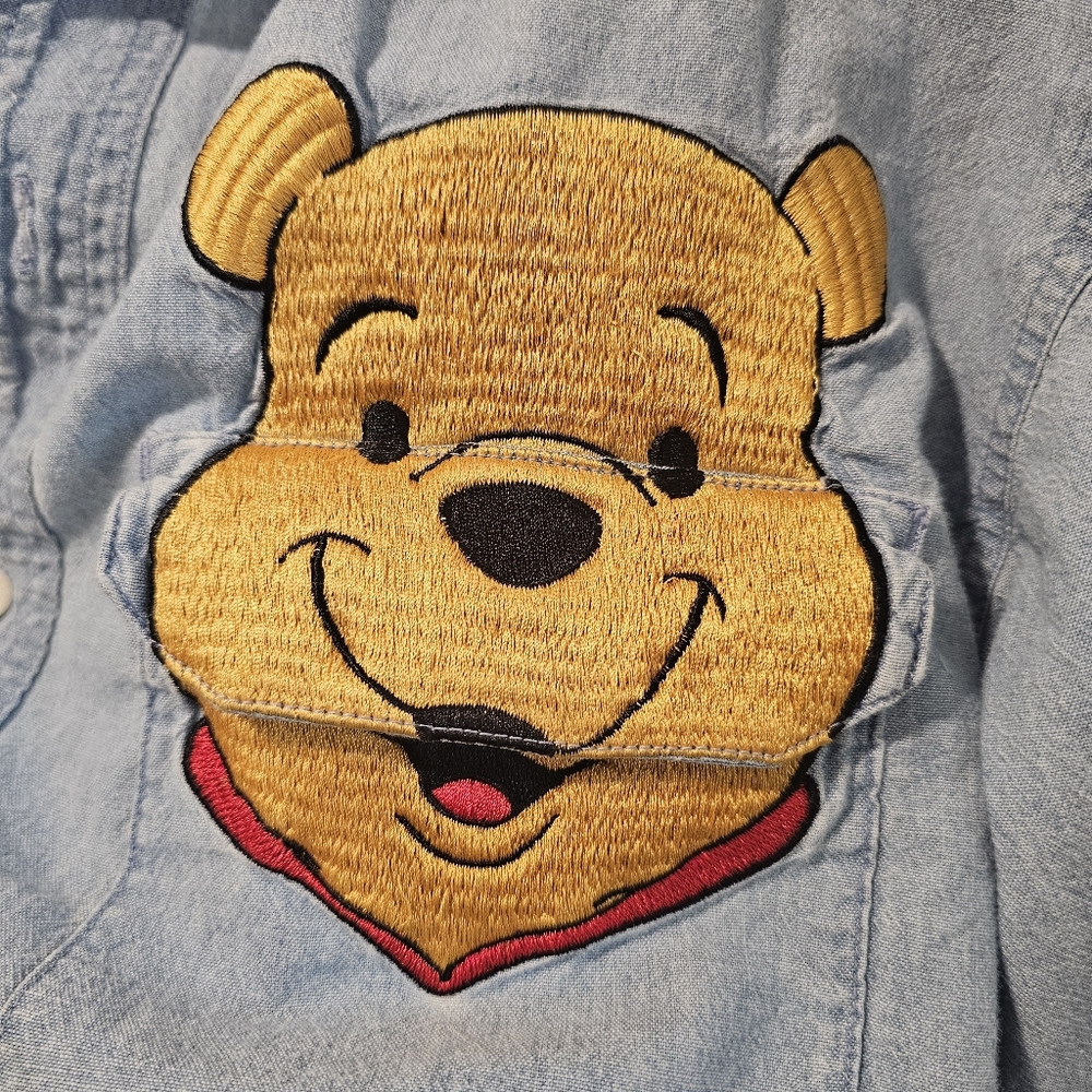 Winnie The Pooh Bear Embroidered Blue Denim Button Down Shirt Disney Store Med